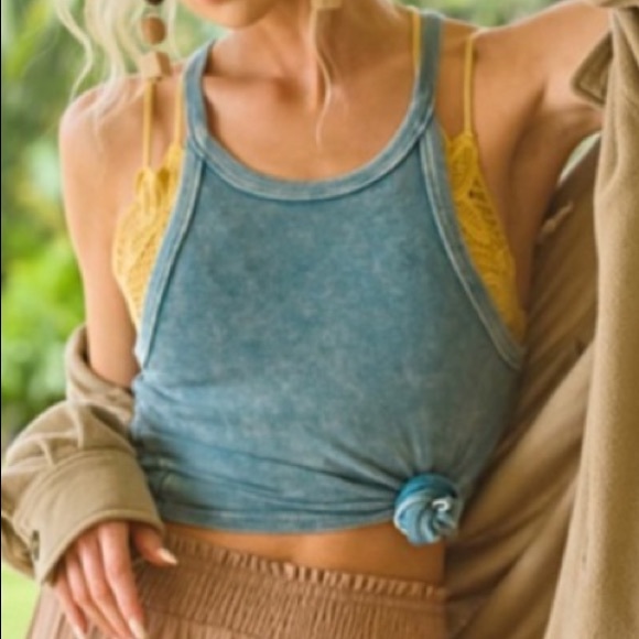 TEAL MINERAL WASHED FITTED HALTER TANK TOP - Picture 4 of 6